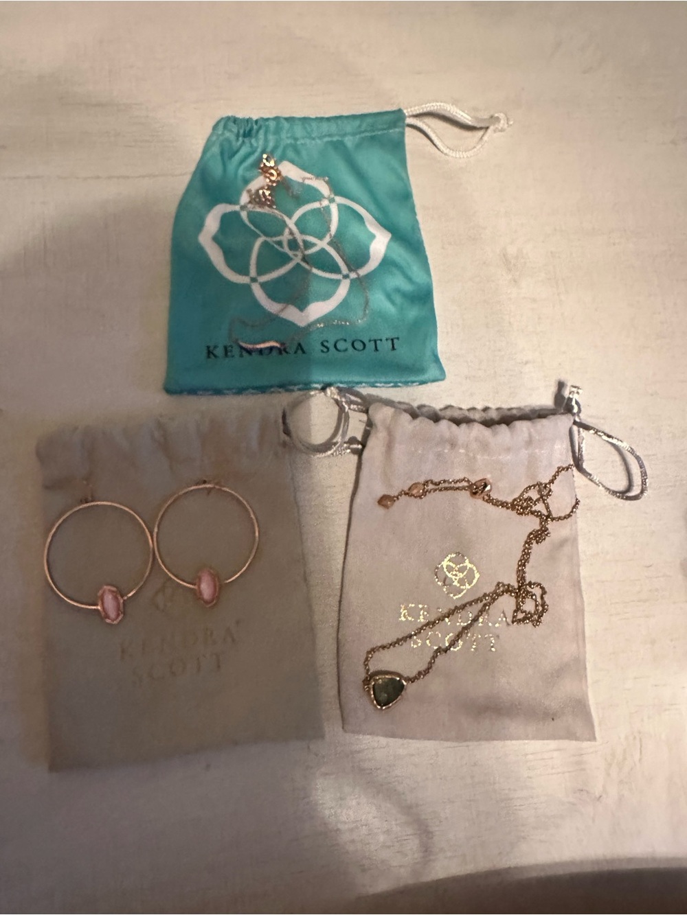 Kendra Scott Gold-Tone Necklace with Green Pendant & Pink Stone Hoop Earrings